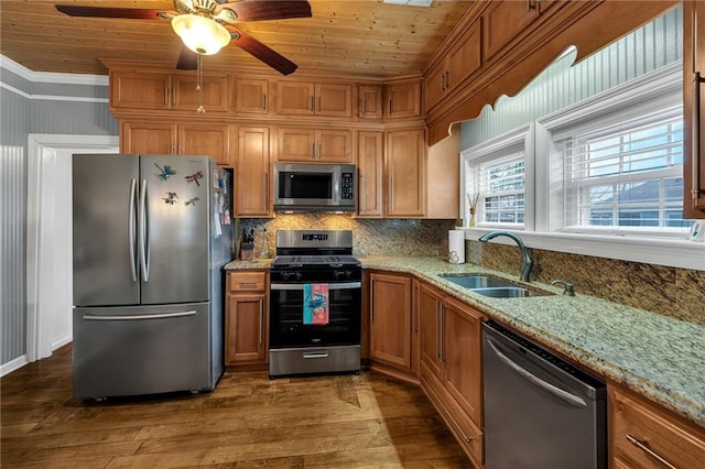 kitchen featuring wood ceiling, appliances with stainless steel finishes, ornamental molding, dark wood-style flooring, and a sink