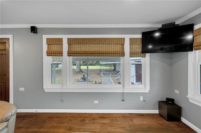 interior space featuring ornamental molding, baseboards, and wood finished floors