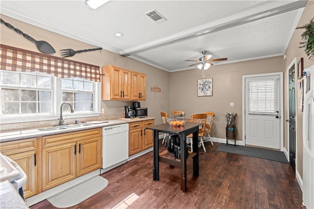 kitchen with dark wood finished floors, light countertops, dishwasher, and a sink