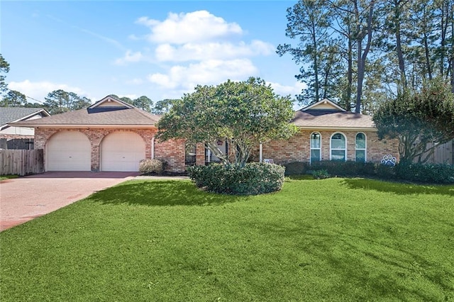 single story home with brick siding, an attached garage, fence, driveway, and a front lawn