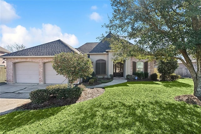 view of front of home featuring brick siding, a shingled roof, concrete driveway, an attached garage, and a front yard