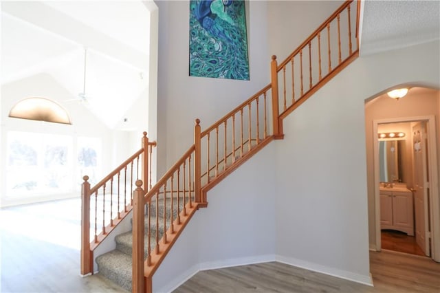 staircase featuring arched walkways, wood finished floors, a towering ceiling, and baseboards