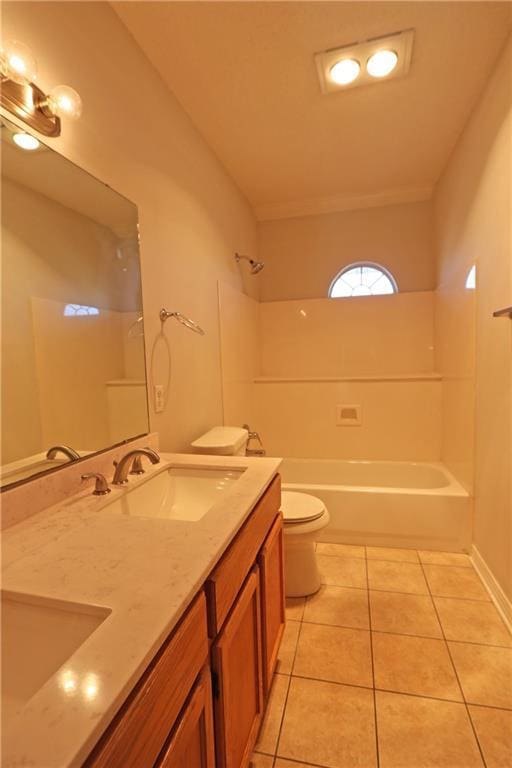 bathroom with shower / tub combination, tile patterned flooring, toilet, a sink, and double vanity