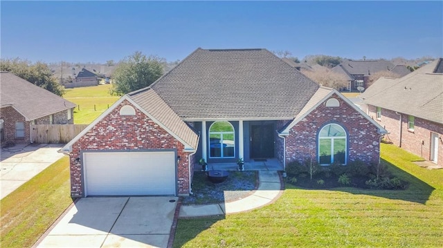 view of front facade featuring a garage, brick siding, concrete driveway, and a front yard