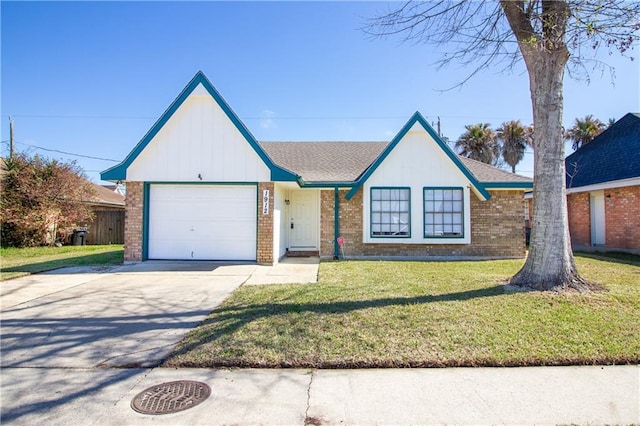 view of front facade featuring concrete driveway, brick siding, a front lawn, and an attached garage