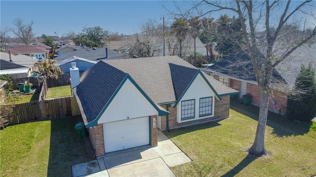 view of front of home featuring brick siding, a shingled roof, concrete driveway, a residential view, and a front yard