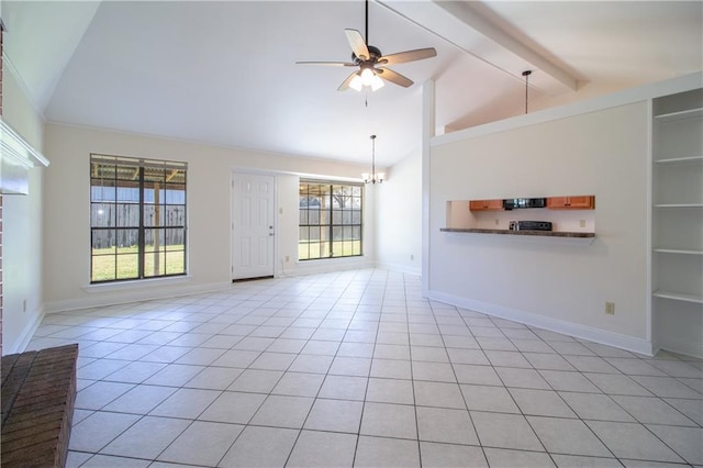 unfurnished living room featuring lofted ceiling with beams, ceiling fan with notable chandelier, light tile patterned flooring, and baseboards