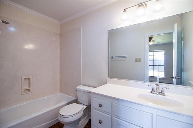 full bath with toilet, tub / shower combination, crown molding, and vanity