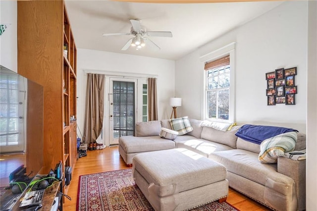 living room with ceiling fan and light wood-style flooring