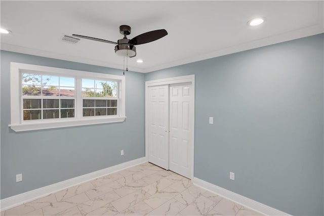 unfurnished bedroom featuring visible vents, baseboards, a closet, recessed lighting, and marble finish floor