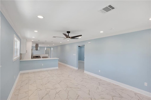unfurnished living room featuring marble finish floor, baseboards, visible vents, and recessed lighting
