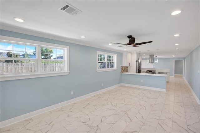 unfurnished living room featuring visible vents, baseboards, recessed lighting, and marble finish floor
