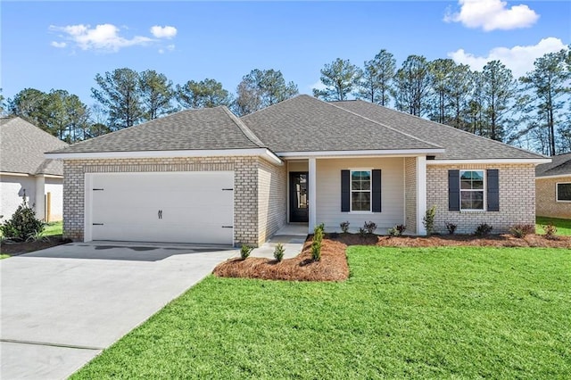 ranch-style home featuring a garage, concrete driveway, a front lawn, and brick siding