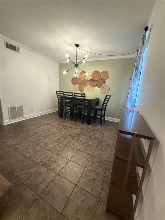 tiled dining area featuring baseboards, visible vents, a chandelier, and crown molding