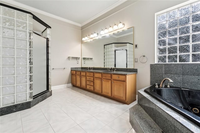 bathroom featuring crown molding, a shower stall, and a sink