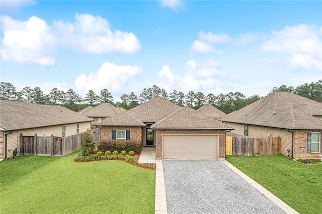 ranch-style home with roof with shingles, gravel driveway, an attached garage, a front lawn, and brick siding