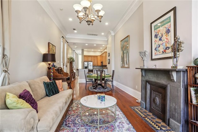 living room with baseboards, a fireplace with flush hearth, dark wood-style flooring, crown molding, and recessed lighting