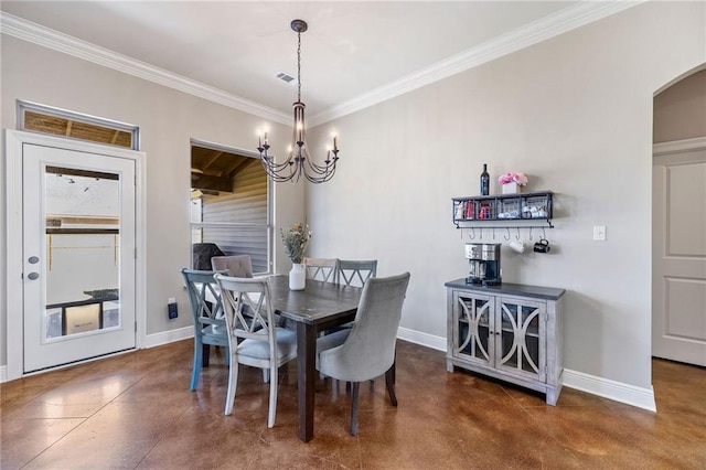 dining room with finished concrete flooring, an inviting chandelier, arched walkways, and baseboards