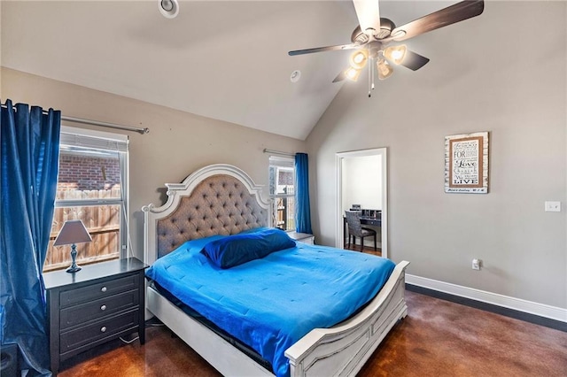 bedroom with vaulted ceiling, dark carpet, a ceiling fan, and baseboards