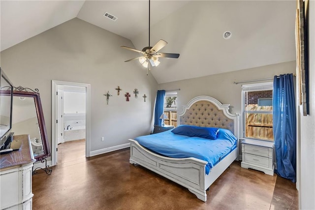 bedroom with finished concrete flooring, visible vents, ensuite bathroom, high vaulted ceiling, and baseboards