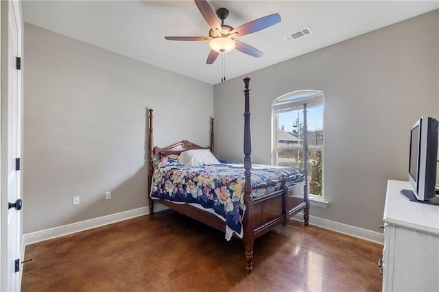 bedroom with visible vents, ceiling fan, and baseboards