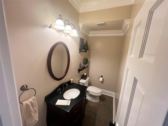 bathroom featuring baseboards, visible vents, toilet, crown molding, and vanity