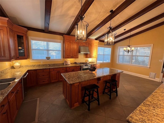 kitchen featuring dark tile patterned floors, appliances with stainless steel finishes, stone countertops, under cabinet range hood, and a kitchen bar