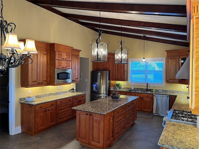 kitchen featuring vaulted ceiling with beams, a notable chandelier, appliances with stainless steel finishes, a sink, and a kitchen island