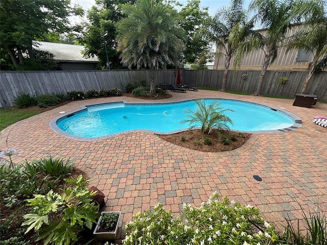 view of swimming pool with a patio area, a fenced backyard, and a fenced in pool