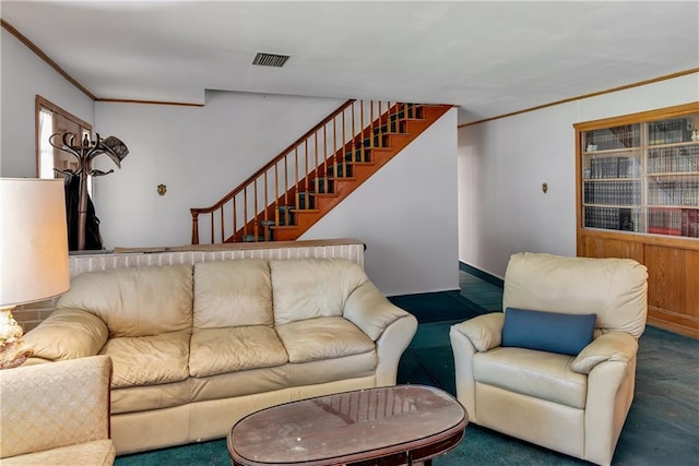 living area featuring visible vents, carpet flooring, stairs, and ornamental molding