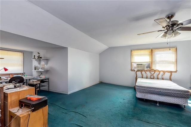 bedroom with lofted ceiling, a ceiling fan, cooling unit, carpet, and baseboards