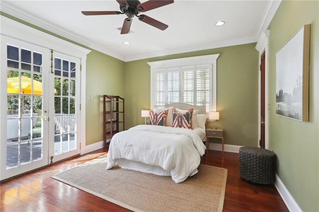 bedroom with access to outside, ornamental molding, baseboards, and wood finished floors