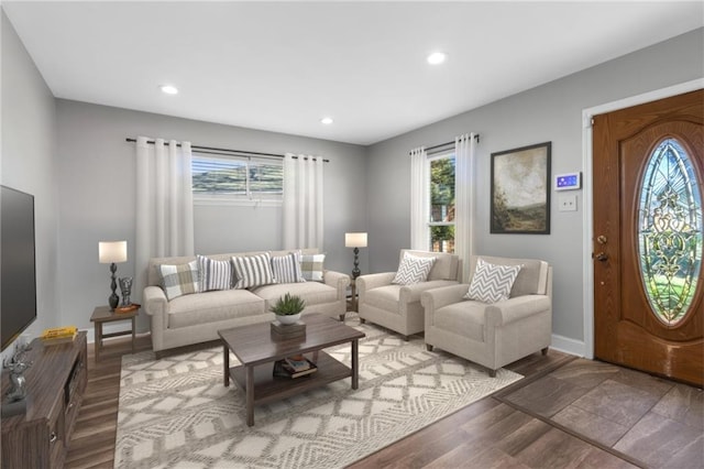 living room featuring baseboards, wood finished floors, and recessed lighting