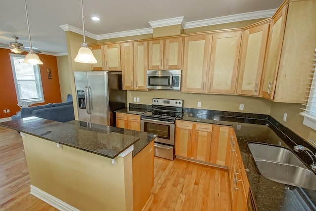 kitchen featuring stainless steel appliances, hanging light fixtures, light wood-style floors, ornamental molding, and a sink