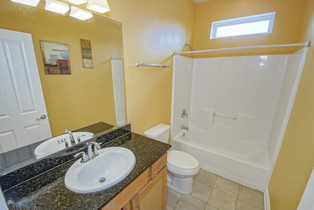 full bath featuring vanity, shower / washtub combination, tile patterned flooring, and toilet