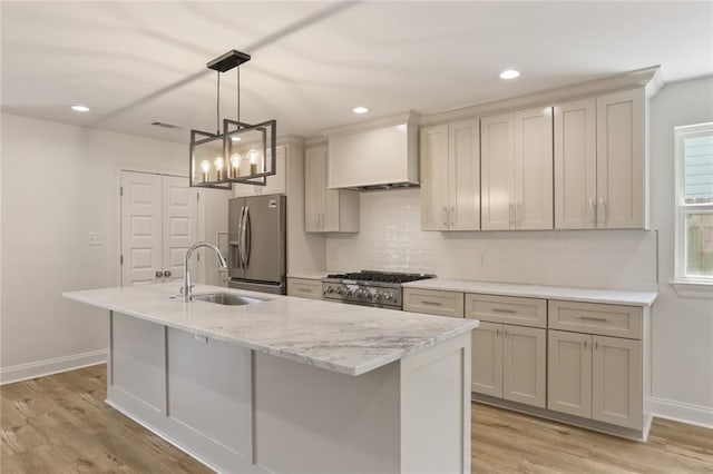 6043 Paris Ave, New Orleans, LA 70122 - kitchen with stainless steel appliances, custom range hood, a sink, tasteful backsplash, and baseboards