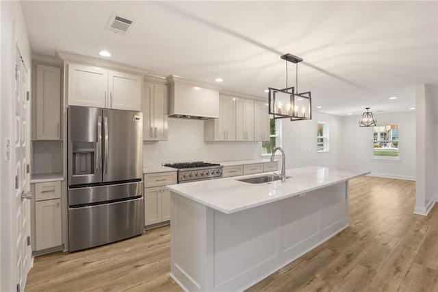 6043 Paris Ave, New Orleans, LA 70122 - kitchen with stainless steel appliances, a sink, custom exhaust hood, light countertops, and backsplash