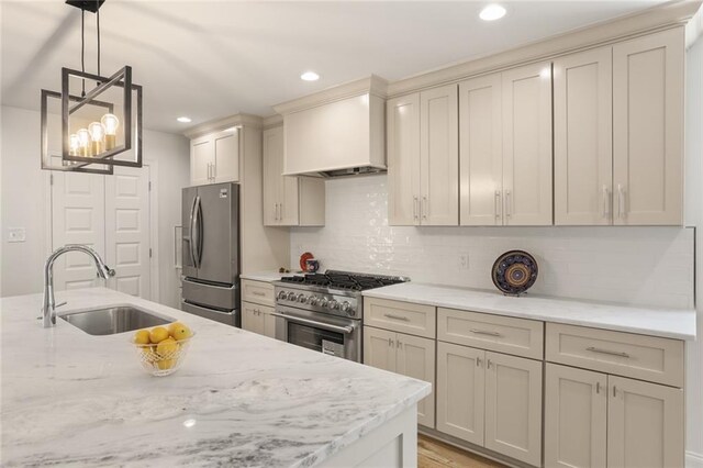 6043 Paris Ave, New Orleans, LA 70122 - kitchen featuring appliances with stainless steel finishes, a sink, custom range hood, decorative backsplash, and recessed lighting
