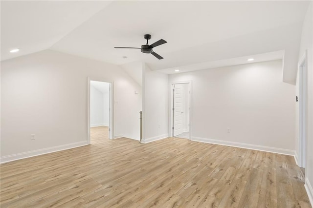 6043 Paris Ave, New Orleans, LA 70122 - spare room with ceiling fan, light wood-style floors, vaulted ceiling, recessed lighting, and baseboards