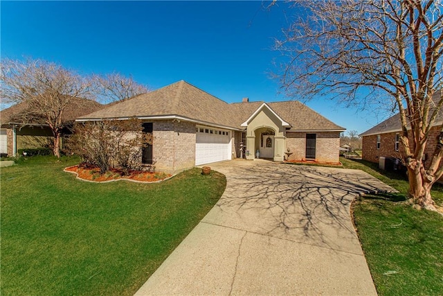 single story home with a garage, brick siding, driveway, roof with shingles, and a front lawn