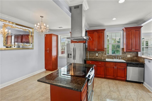 kitchen with reddish brown cabinets, island range hood, stainless steel appliances, and a sink