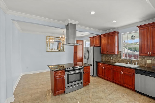 kitchen with a sink, stainless steel appliances, backsplash, and island exhaust hood