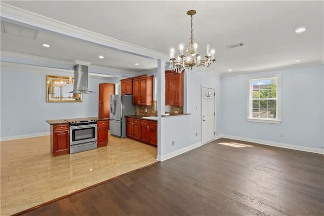 kitchen with island range hood, decorative backsplash, dark countertops, stainless steel appliances, and light wood-type flooring