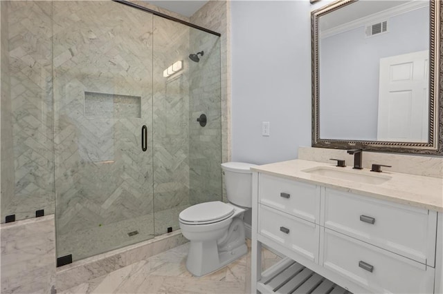 bathroom featuring marble finish floor, visible vents, toilet, ornamental molding, and a shower stall