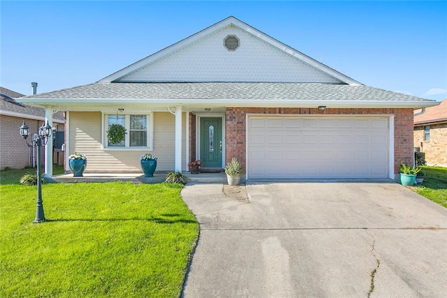 view of front of property featuring a garage, concrete driveway, roof with shingles, and a front lawn