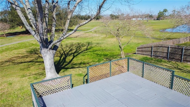 wooden deck featuring fence and a yard