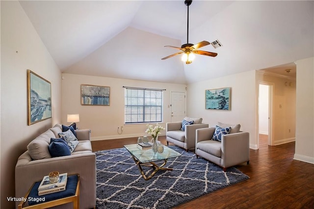 living room with visible vents, wood finished floors, a ceiling fan, and baseboards