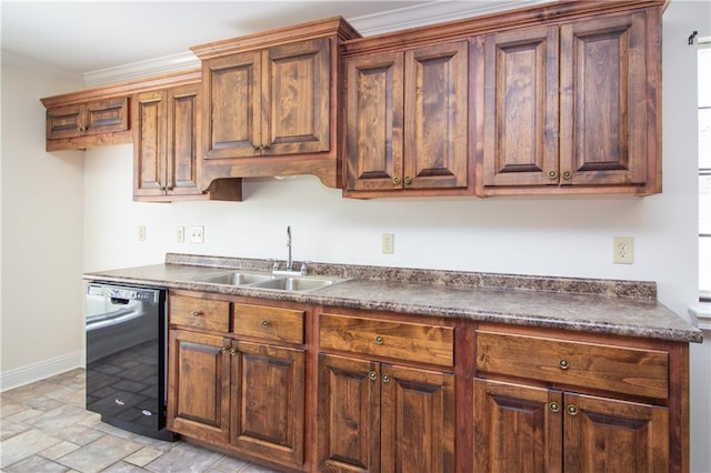 kitchen with dark countertops, ornamental molding, a sink, dishwasher, and baseboards