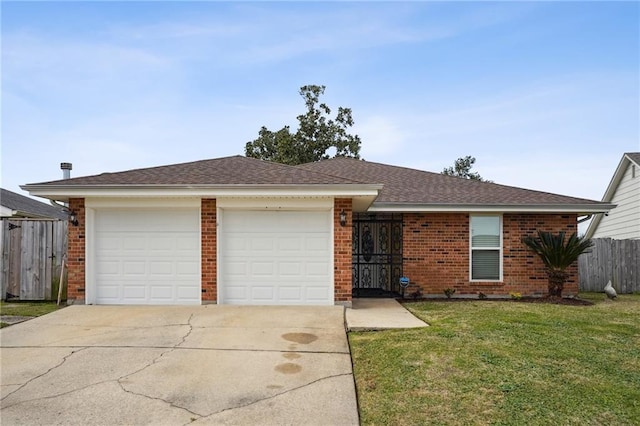 ranch-style house featuring a garage, brick siding, fence, concrete driveway, and a front lawn