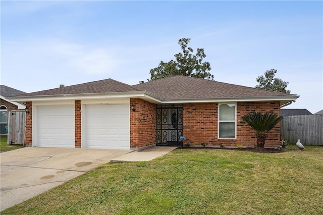 ranch-style home with a garage, brick siding, fence, concrete driveway, and a front lawn